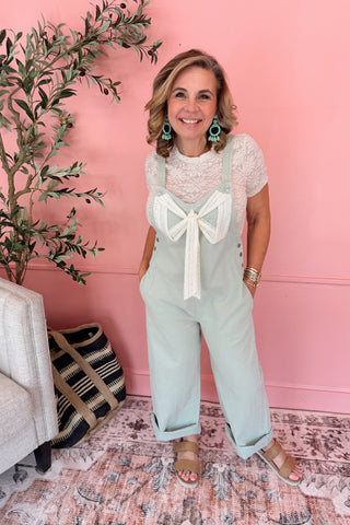 Lace Ribbon Twill Overall - Sage