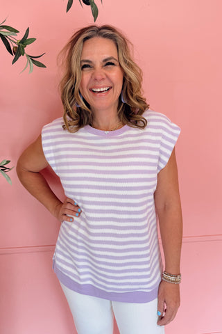 Striped Round Neck Knit Top - Lavender