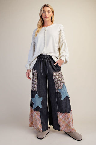 Black Denim Patchwork Palazzo Pants