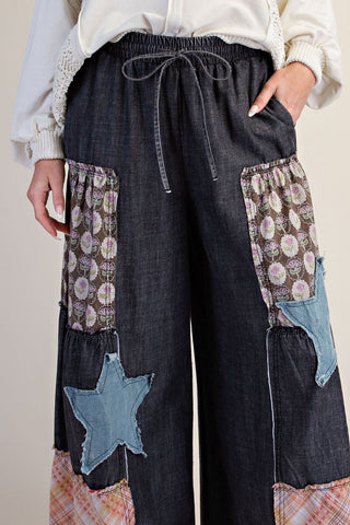 Black Denim Patchwork Palazzo Pants