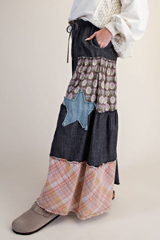 Black Denim Patchwork Palazzo Pants