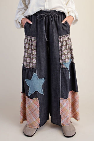 Black Denim Patchwork Palazzo Pants