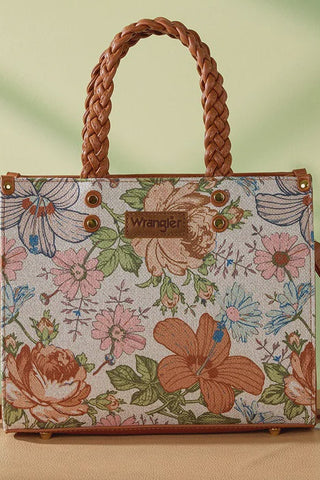 Wrangler Floral Print Braided Tote Bag -Brown