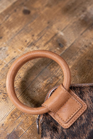 Hair-On Cowhide Ring Handle Wristlet Clutch Bag