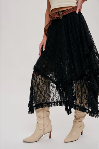 Lace Tier Midi Skirt - Black