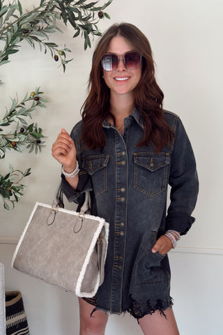 Black Distressed Denim Oversize Jacket