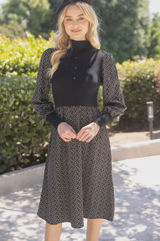 Black Long Sleeve Mixed Ribbed Floral Fabric Midi Dress