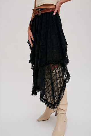 Lace Tier Midi Skirt - Black