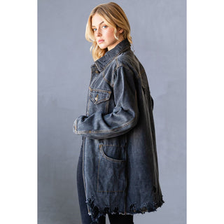 Black Distressed Denim Oversize Jacket