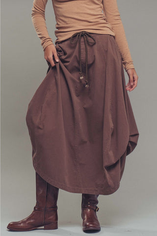 Balloon Hem Drawstring Maxi Skirt - Brown