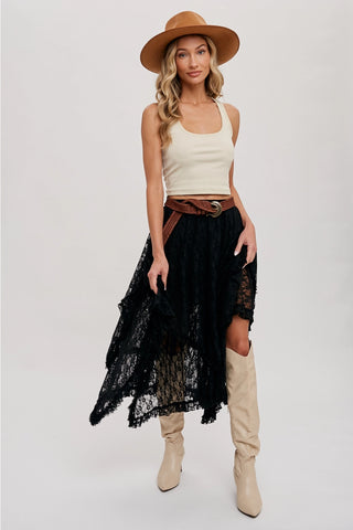 Lace Tier Midi Skirt - Black