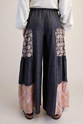 Black Denim Patchwork Palazzo Pants