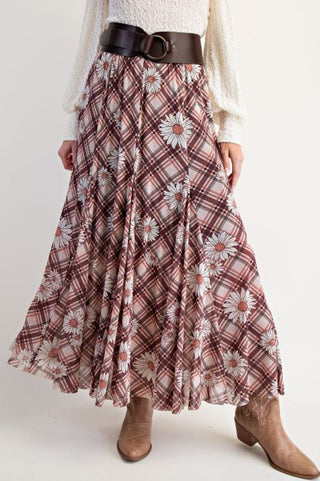 Printed Nylon Mesh Swing Maxi Skirt - Brown Combo