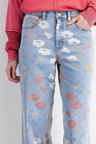 Floral Printed Stretch Twill Pants - Washed Denim