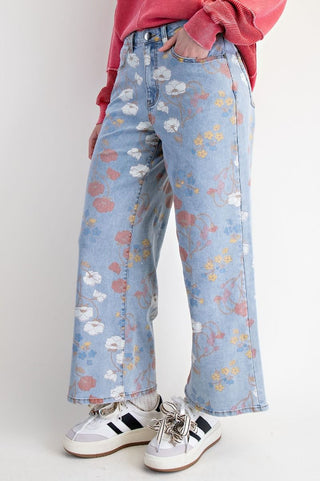 Floral Printed Stretch Twill Pants - Washed Denim
