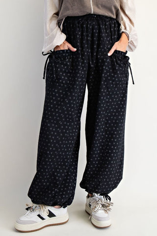 Texture Woven Mineral Washed Pants - Black