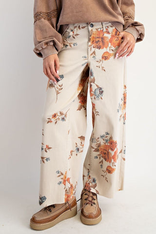 Flower Print Stretch Washed Twill Pants - Khaki