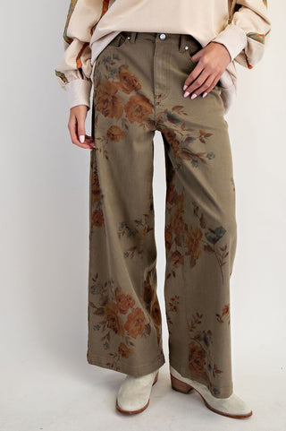 Flower Print Stretch Washed Twill Pants - Olive