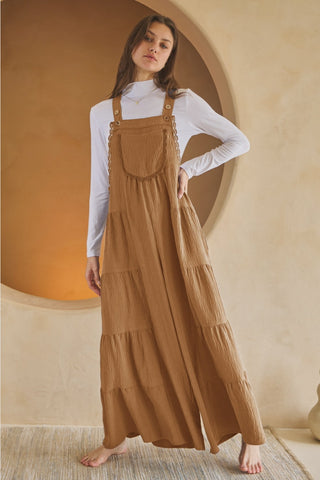 Airflow Tired Wide Leg Overall Jumpsuit - Camel