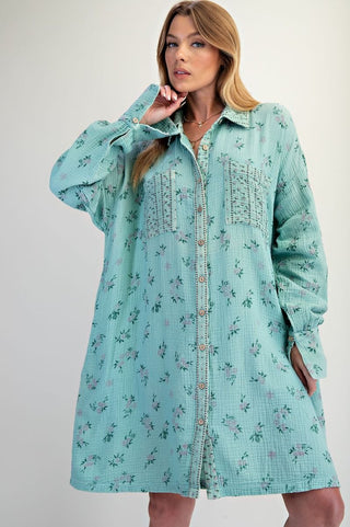 Printed Cotton Gauze Washed Shirt Dress - Atlantis Green