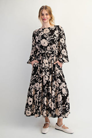 Floral Print Gauze Dress - Black