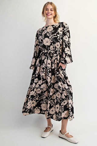 Floral Print Gauze Dress - Black