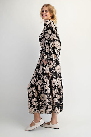 Floral Print Gauze Dress - Black