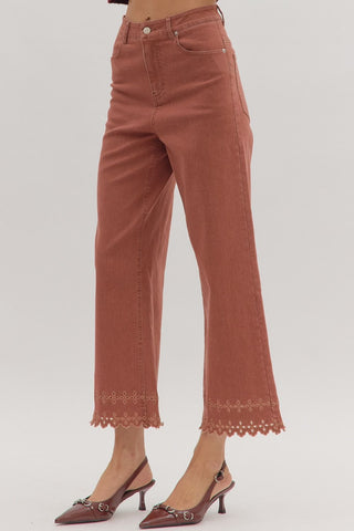 Ankle Length Pants with Embroidered Hem - Brick