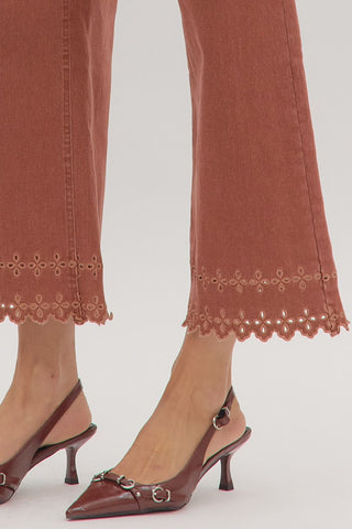 Ankle Length Pants with Embroidered Hem - Brick