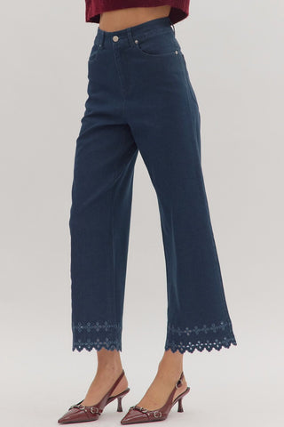 Ankle Length Pants with Embroidered Hem - Dk. Denim