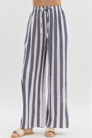 Stripe Print Wide Leg Pants - Black
