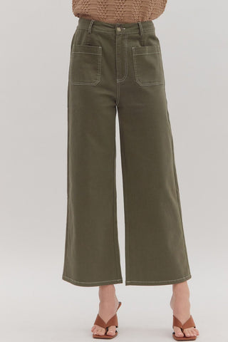 Olive High Waist Woven Pants