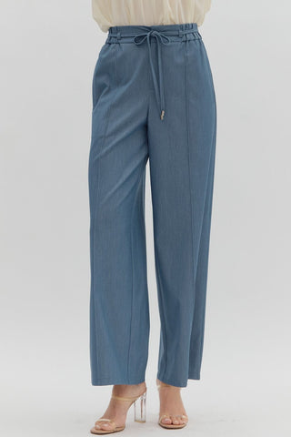 High-Waist Pintuck Pants - Light Denim
