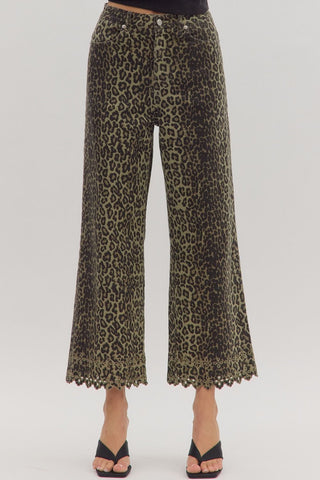 Leopard Pants with Embroidery Hem - Olive