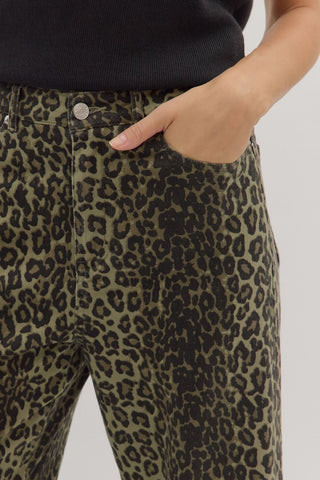 Leopard Pants with Embroidery Hem - Olive