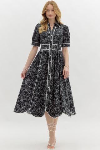 Black & White Floral Print Midi Dress