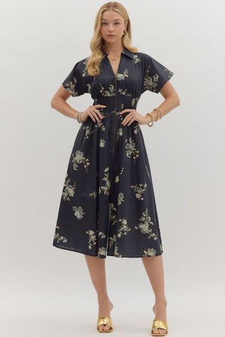 Smocked Waist Floral Midi Dress - Black