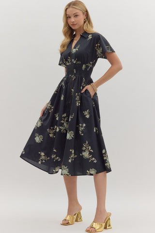 Smocked Waist Floral Midi Dress - Black