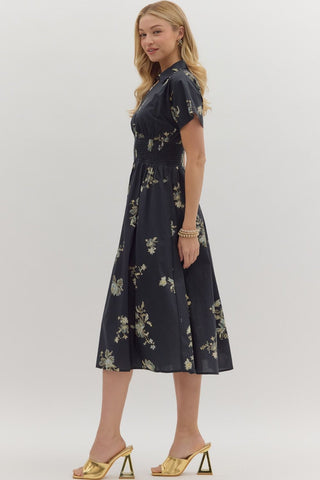 Smocked Waist Floral Midi Dress - Black