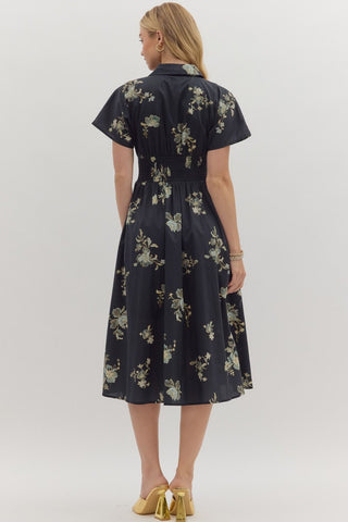 Smocked Waist Floral Midi Dress - Black