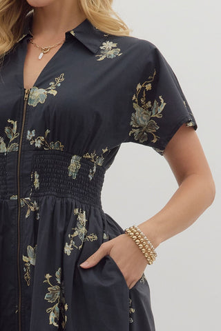 Smocked Waist Floral Midi Dress - Black