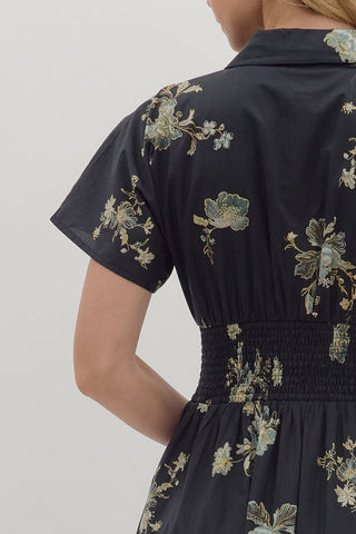 Smocked Waist Floral Midi Dress - Black