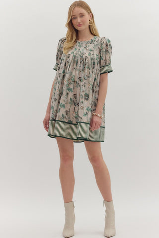 Puff Sleeve Floral Stripe Hem l Mini Dress
