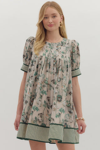 Puff Sleeve Floral Stripe Hem l Mini Dress