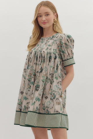 Puff Sleeve Floral Stripe Hem l Mini Dress