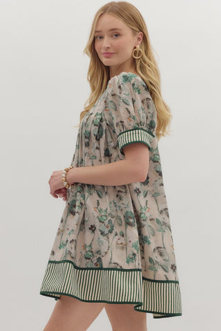 Puff Sleeve Floral Stripe Hem l Mini Dress