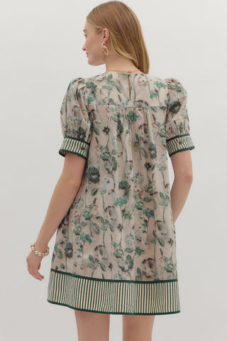 Puff Sleeve Floral Stripe Hem l Mini Dress