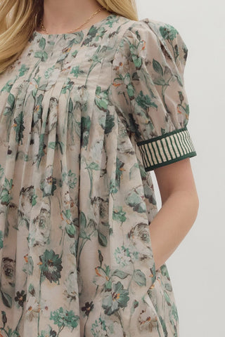 Puff Sleeve Floral Stripe Hem l Mini Dress