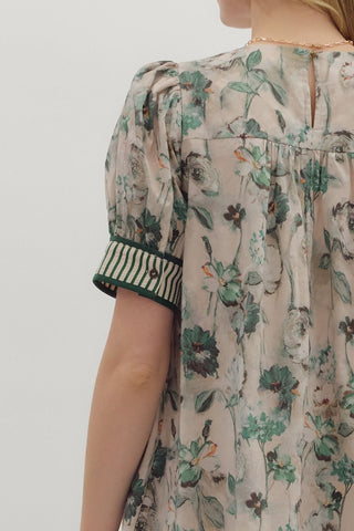 Puff Sleeve Floral Stripe Hem l Mini Dress
