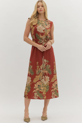 Floral Print Sleeveless Midi Dress - Rust